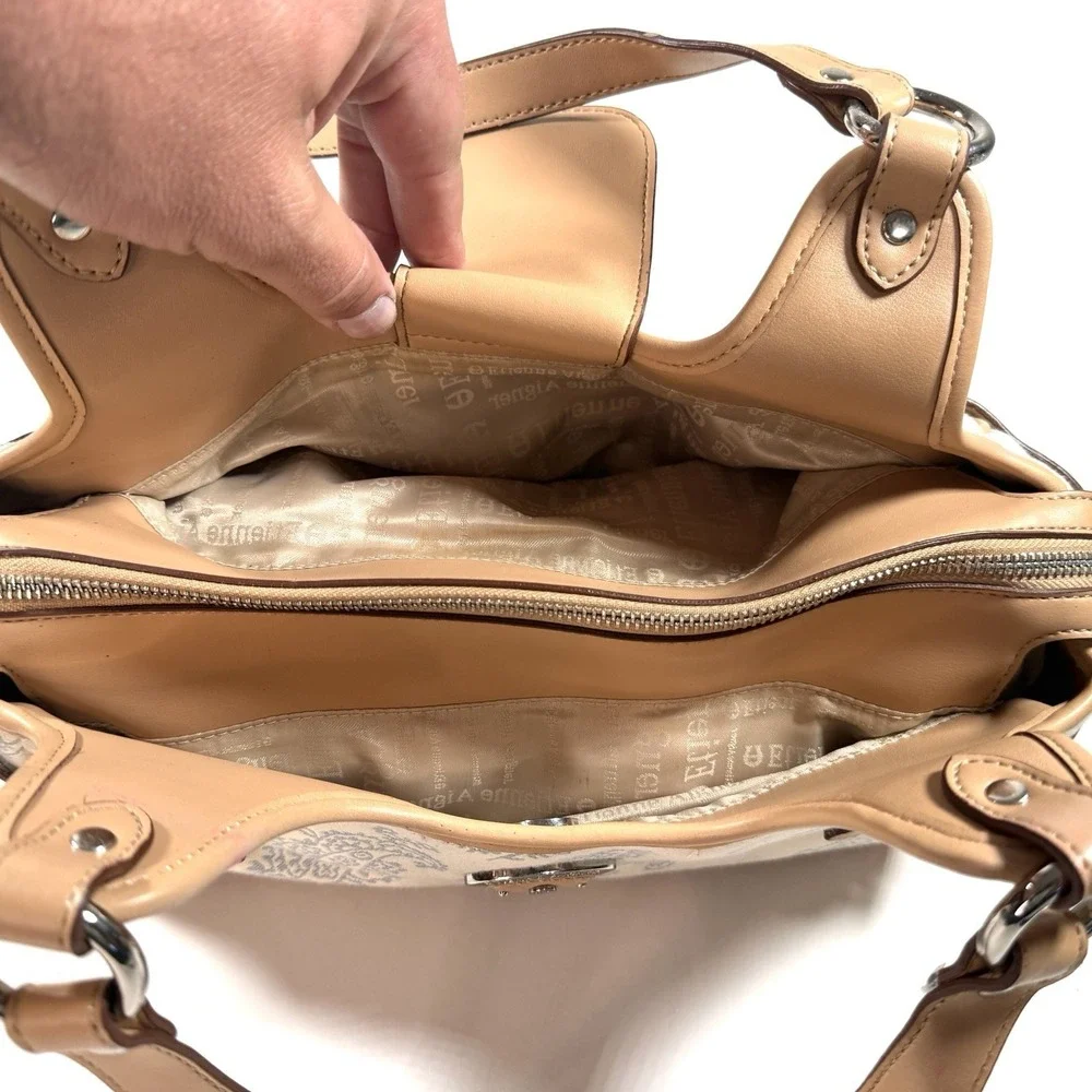 Etienne Aigner Paisley Canvas Leather Shoulder Bag Satchel‎ Tan Cream